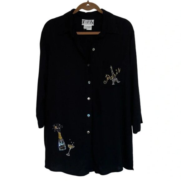 Faith Shirt Womens Large Black Collar Button Up Embellishments Paris Boho Unique - Picture 1 of 12